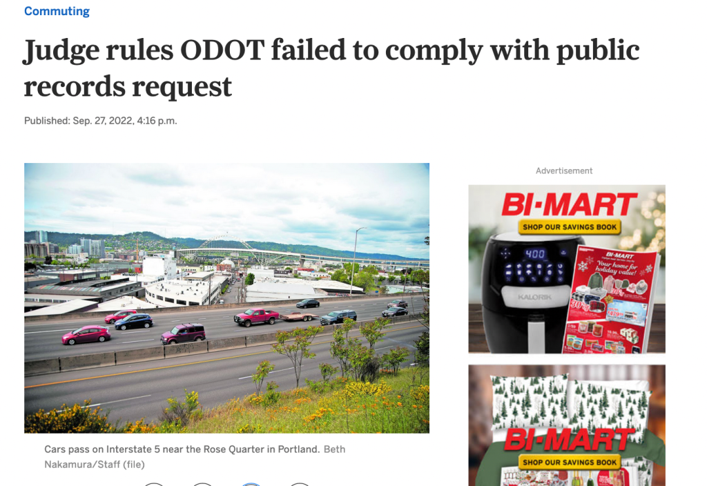 screenshot of Oregonian article with headline "Judge rules ODOT failed to comply with public records request"